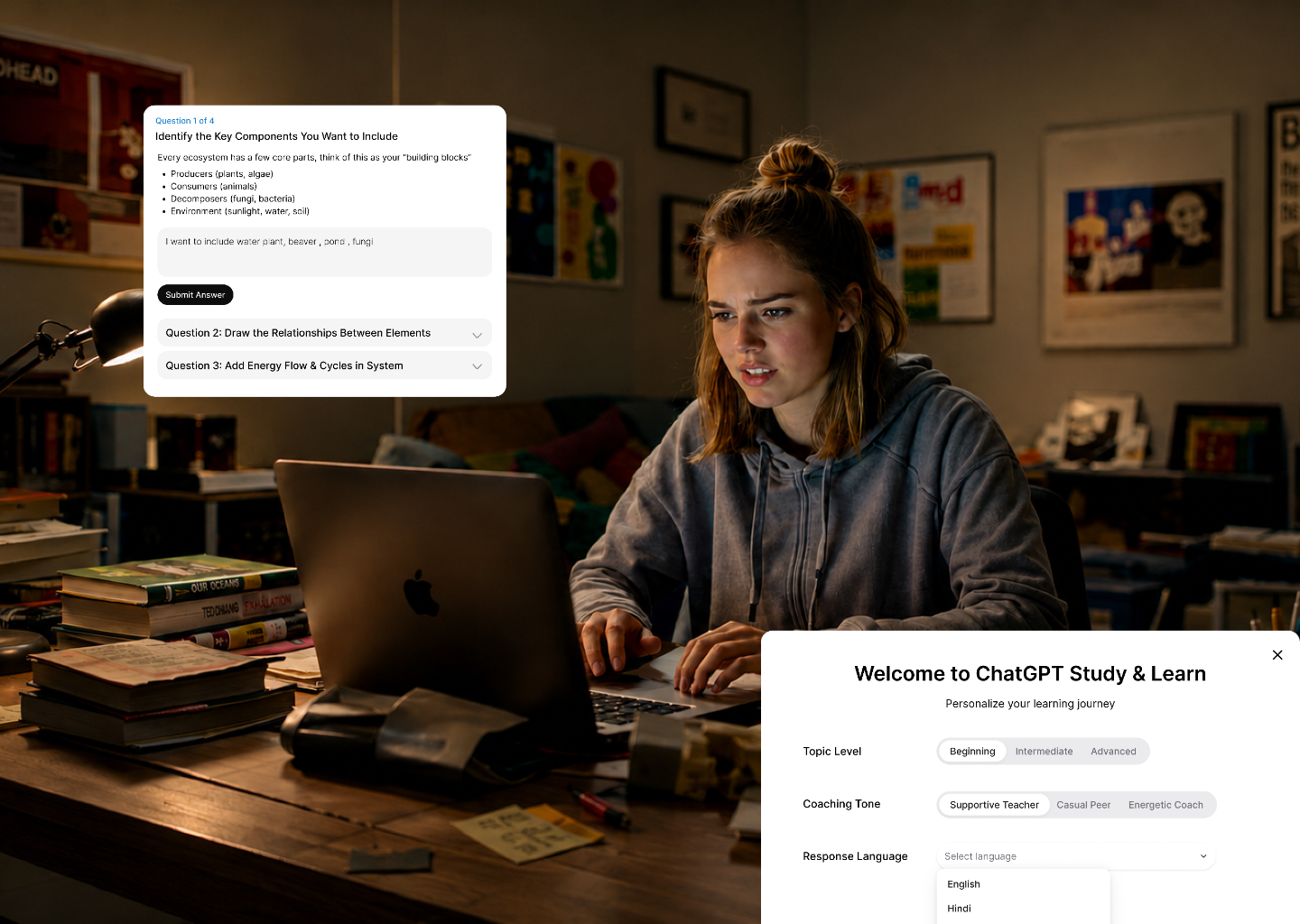 Student studying with AI tutor interface showing sequential question handling and learning profile onboarding